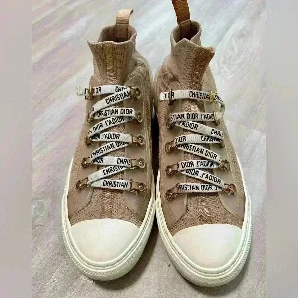 Christian Dior JA dior High Top Sneakers Beige Knit Transparent Logo Laces 40-9